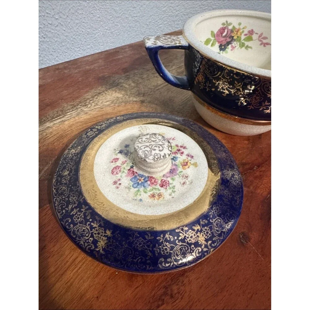 Vintage Salem Century Cobalt Blue Sugar Bowl 23K Gold Filigree Fine China w Lid